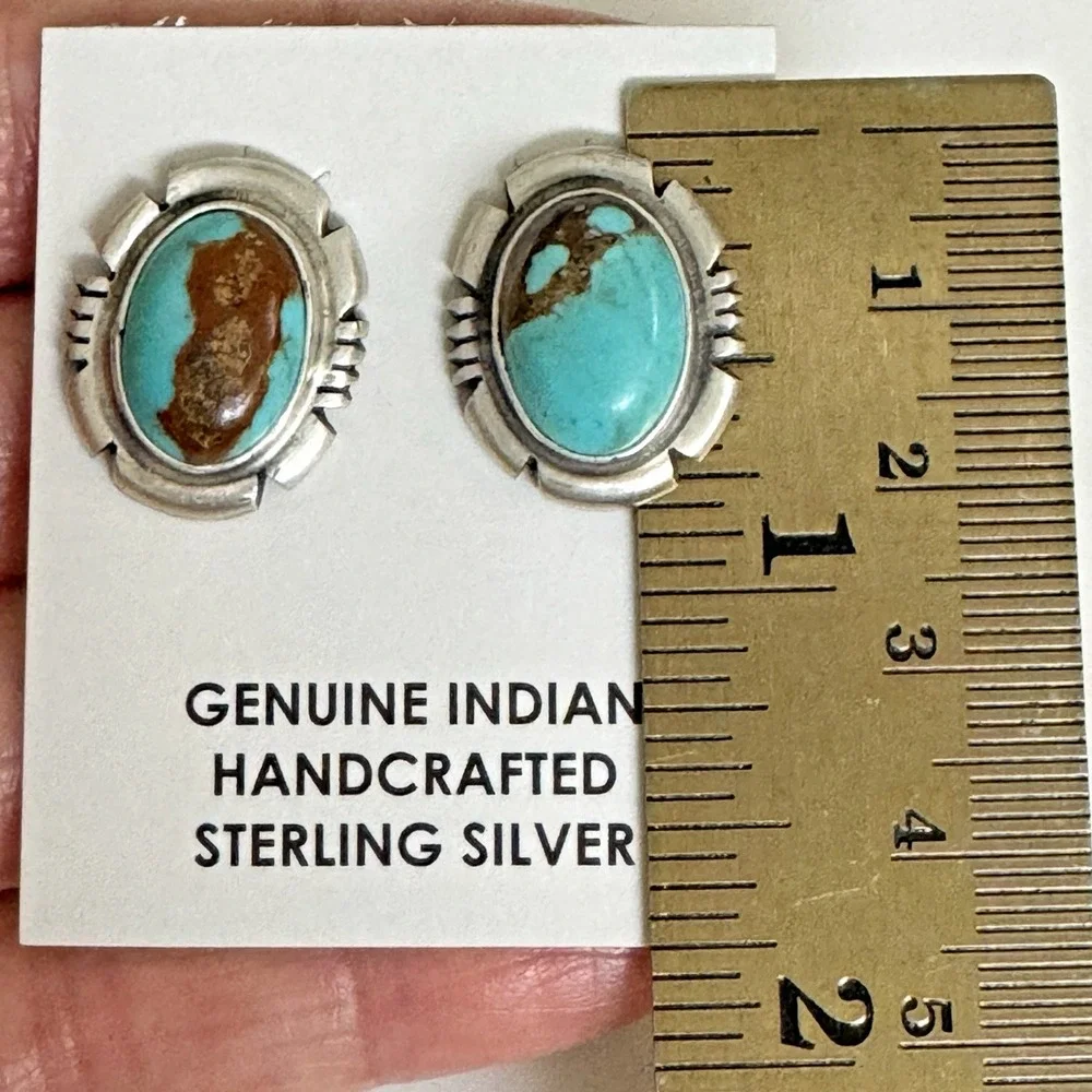 Turquoise Stud Earrings Navajo Native Sterling Silver 925 Signed 18mm‎ by 22mm